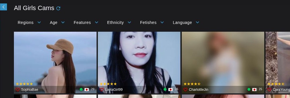 Raster von Streamate mit Karten und Filterleiste